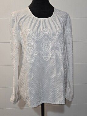 LOFT White Embroidered Swiss Dot Long-Sleeve Top